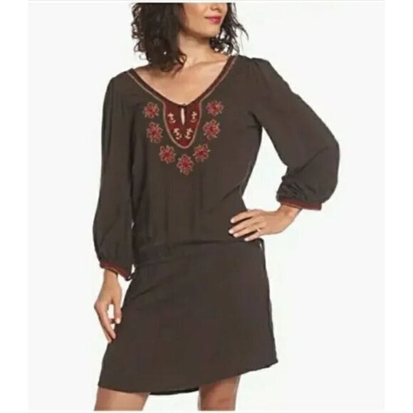 Lucky Brand Embroidered Tunic Dress Brown 3/4 Balloon Sleeve Boho Hippie‎ SM - Picture 1 of 8